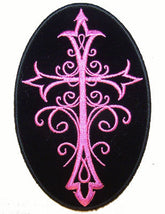 Wholesale PINK CRUCIFIX CROSS EMBROIDERIED PATCH 5 IN (Sold by the piece)